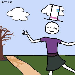 A GIF of Hem waving at you, drawn with pixel brushes. Her eyes are closed with
her face in a jovial expression. She’s on a stroll in a grey skirt, purple
shirt, dark purple sash, and —of course— her stovepipe hat with pink band
and blue flower. She is posed “hanging” from the right-of-frame, perhaps holding
onto something. There is a bare tree in the background, suggesting this might be
taking place in winter… though it must be a warm-ish day considering her
outfit. The background is otherwise barren: light blue sky, green grass, and the
dirt trail Hem is on.